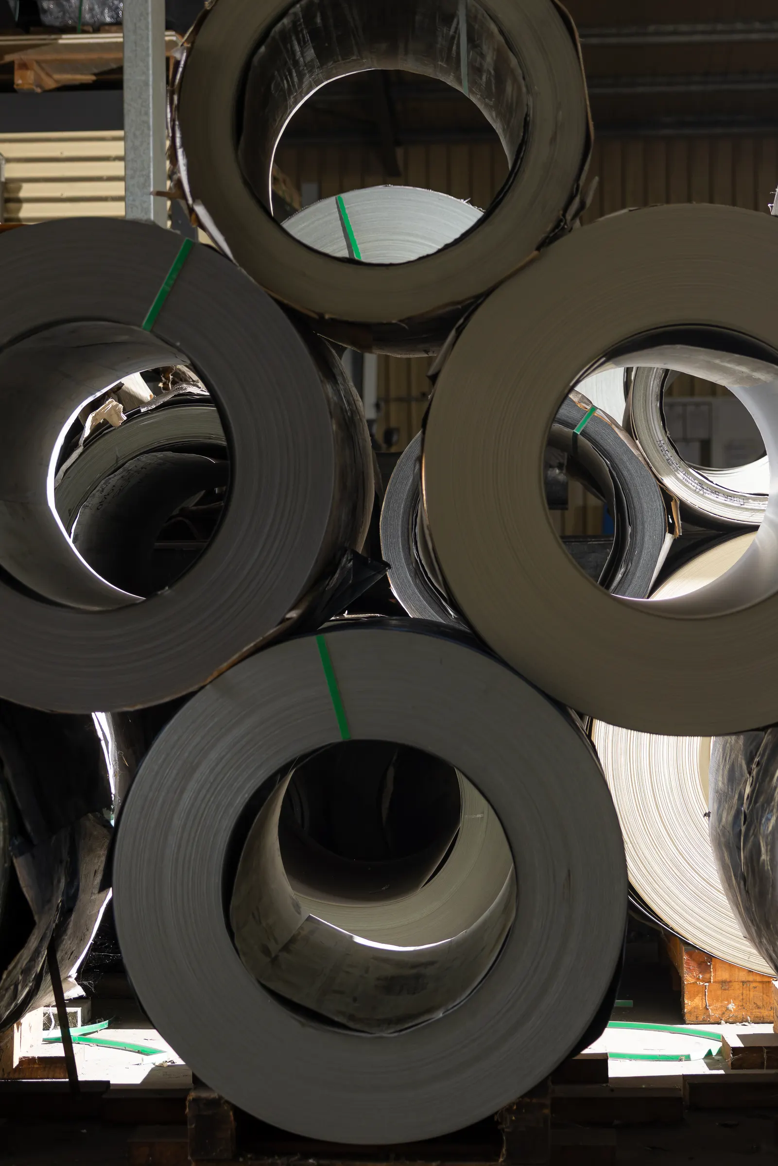 Coils of steel in the Burton warehouse